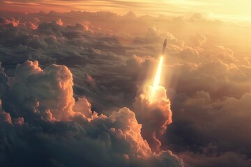 Poster - A rocket soaring through the clouds in a bright blue sky