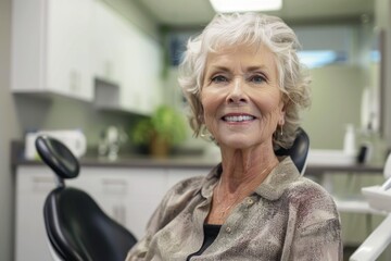 Wall Mural - An older woman sits patiently in a dental chair, awaiting treatment