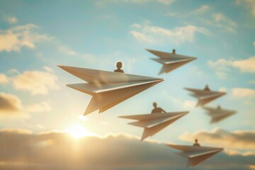 Canvas Print - A group of colorful paper airplanes flying high in the sky