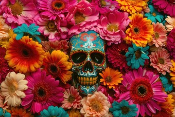 Aufkleber - A sugar skull decorated with vibrant flowers, perfect for Day of the Dead or Halloween celebrations