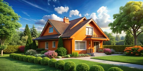 A bright orange home nestled amidst abundant greenery, beneath a pristine blue sky, sits peacefully in a serene neighborhood, radiating warmth and charm.