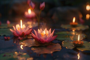 Aufkleber - Group of candles floating on a calm pond with reflections