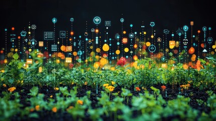 Canvas Print - A field of green plants with glowing icons representing technology and data above.