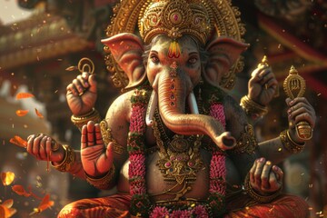 Poster - A statue of an elephant holding a sword, perfect for use in fantasy or adventure contexts