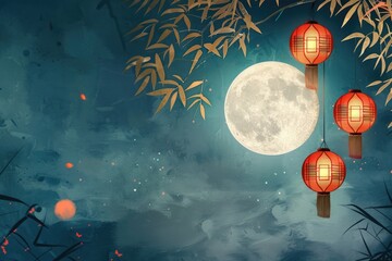 Poster - A serene scene under the light of a full moon, accompanied by three red lanterns