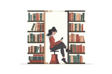 Poster - A woman sits on a stool in front of a bookshelf, reading a book