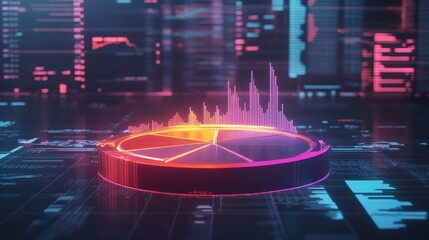 Poster - A futuristic 3D pie chart with floating segments, representing the global financial market share, with animated financial symbols and graphs in the background.