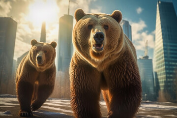 Brown bears walking down the street of a big city, generative ai