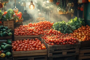 Sticker - A bustling market stall overflowing with fresh tomatoes, avocados, peppers, and leafy greens under the warm glow of the morning sun.