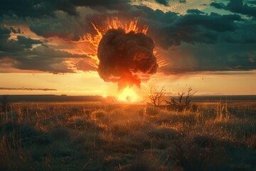 Aufkleber - A massive explosion occurring in an open field