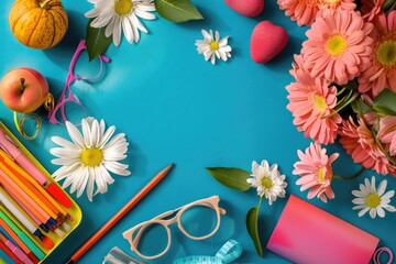 Aufkleber - A blue desk with a bouquet of flowers and several colored pencils on top