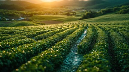 Canvas Print - A scenic view of a lush green field with rows of crops in the foreground, a small village in the background, and a bright sun setting over the horizon.