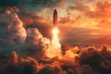Poster - A rocket launches into space from a cloudy sky with no signs of life or buildings nearby