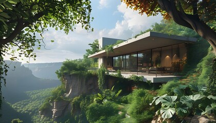 Wall Mural - House with panoramic views of a lush ravine surrounded by dense jungle foliage