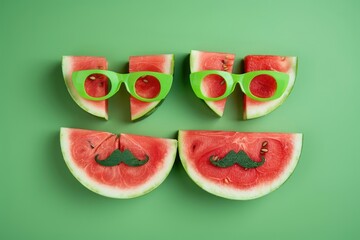 Summer funny watermelon in green glasses and with green mustache on bright green background top view flat lay. Minimal fruit concept. Creative product idea, summer festival, summer background