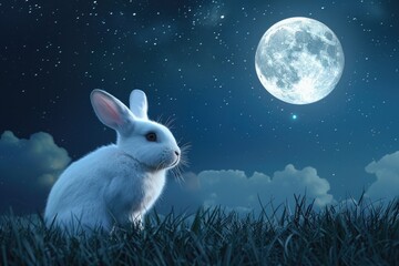 Aufkleber - A white rabbit sitting in the grass under a full moon