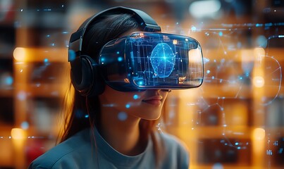  School student with VR headset using AI artificial intelligence technology & machine learning. Interactive technology in classroom. Innovation & smart tech. AI blue hologram in education