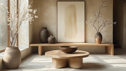 Poster - A minimalist living room interior with a wooden coffee table, vases, and dried flowers.