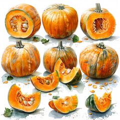 Watercolor illustration. Pumpkin in different angles, ripe whole pumpkin, sliced pumpkin, pieces, seeds.