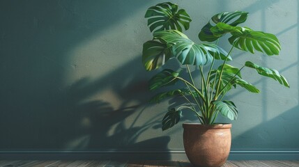 Aufkleber - A small potted plant sits on a wooden floor, accompanied by a vibrant green wall