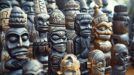 Poster - A group of wooden statues sitting on a table, perfect for decorative purposes or as props in photography and film