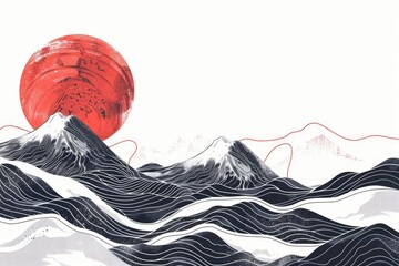 Aufkleber - A mountain landscape with a bright red sun rising or setting behind it, creating a beautiful and atmospheric scene