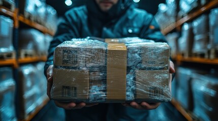 Poster - A worker in a warehouse holds a package wrapped in plastic and tape.