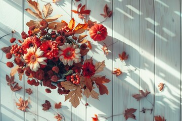 Poster - A bouquet of fresh flowers and leaves adorn a wall, adding a touch of nature to any setting