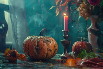 Poster - A pumpkin with a lit candle next to it, perfect for fall or Halloween decoration