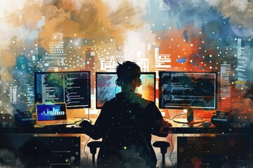 Poster - A woman sits at a desk with two computer monitors, focused on her work