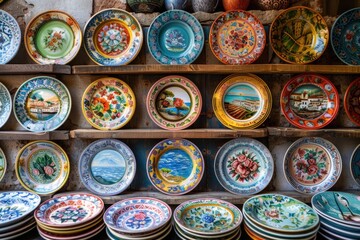 Poster - A shelf filled with stacked dinner plates in various colors and designs