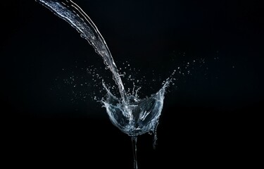 Aufkleber - Water splashes as it pours into a glass against a black background.