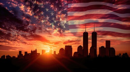 Aufkleber - A iconic American flag flying high above a cityscape as the sun sets in the background