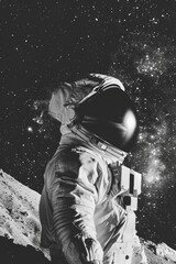 Poster - Black and white image of an astronaut standing on the moon's surface