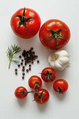 Poster - A selection of fresh herbs including tomatoes, garlic, pepper, and rosemary arranged on a white surface