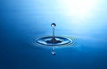 Poster - A single water drop falls into still blue water creating concentric ripples.