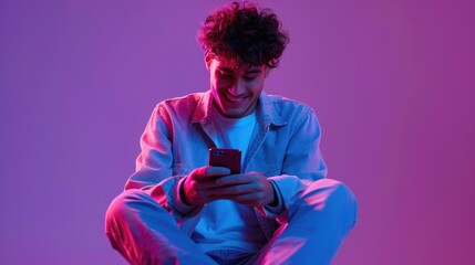 Aufkleber - A young person sitting on a stool, looking at their cell phone