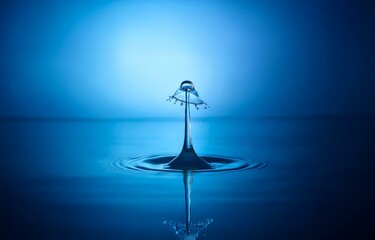 Poster - A single drop of water creates a splash in a blue liquid. The splash is a tall column, with a crown of water droplets around it.