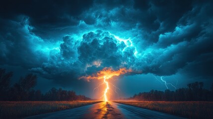 Wall Mural - A dramatic lightning storm illuminates a dark, rural road.