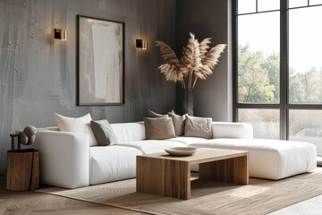 Poster - A comfortable living room with a sofa and coffee table, suitable for relaxation or social gatherings