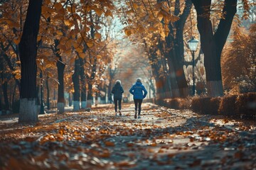 Poster - Two people strolling down a street with leaves covering the ground, perfect for autumn or nature-inspired scenes