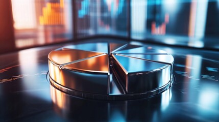 Poster - A metallic 3D pie chart with polished sections, each representing a portion of a company financial portfolio, set against a futuristic background.