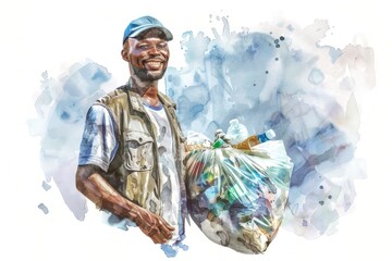 Poster - A watercolor illustration of a person carrying a bag of waste