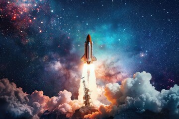 Poster - A space shuttle blasting off from its launchpad, soaring into the sky
