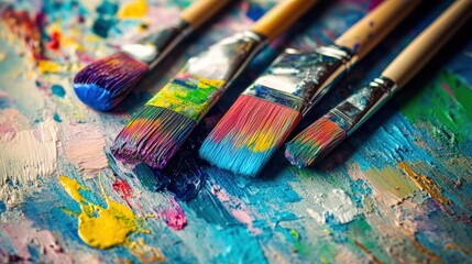 Aufkleber - Brightly colored paints and brushes await action on a canvas, showcasing the excitement of abstract art in progress. Generative AI
