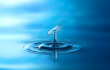Fototapete - A water drop creates a crown-like splash with concentric ripples in a blue liquid.