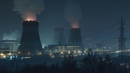 Canvas Print - A factory emitting smoke at night, suitable for use in industrial or urban settings