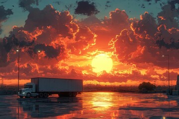 Poster - A semi-trailer truck parked in a lot with a large sun shining through the clouds at sunset, reflecting in the wet pavement.