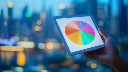 Poster - A hand holding a tablet displaying a colorful 3D pie chart, with a blurred cityscape in the background, representing the integration of technology and finance in modern decision-making.