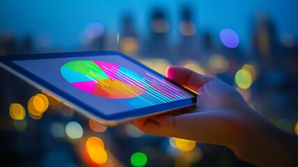 Poster - A hand holding a tablet displaying a colorful 3D pie chart, with a blurred cityscape in the background, representing the integration of technology and finance in modern decision-making.